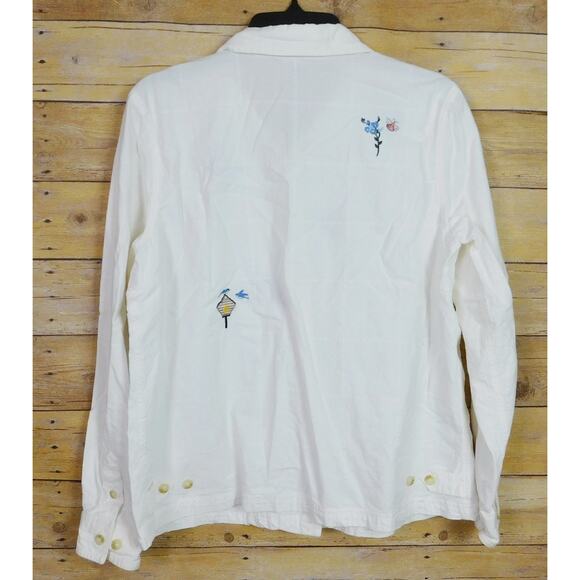 Vintage Cascade Blues Shirt Large White Embroidered Flowers Butterflies - Picture 5 of 9